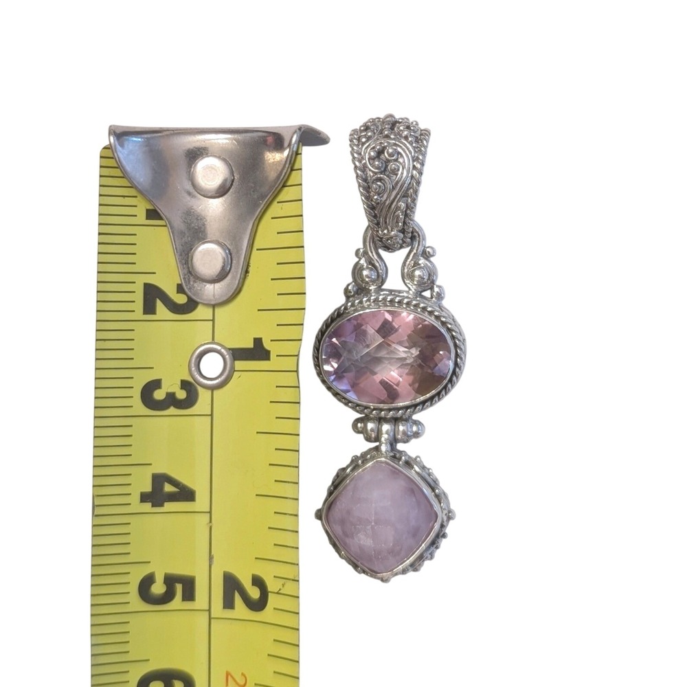Sarda Sterling Silver Pink Quartz & Rose De France Balinese Style Pendant Ornate - Picture 6 of 8